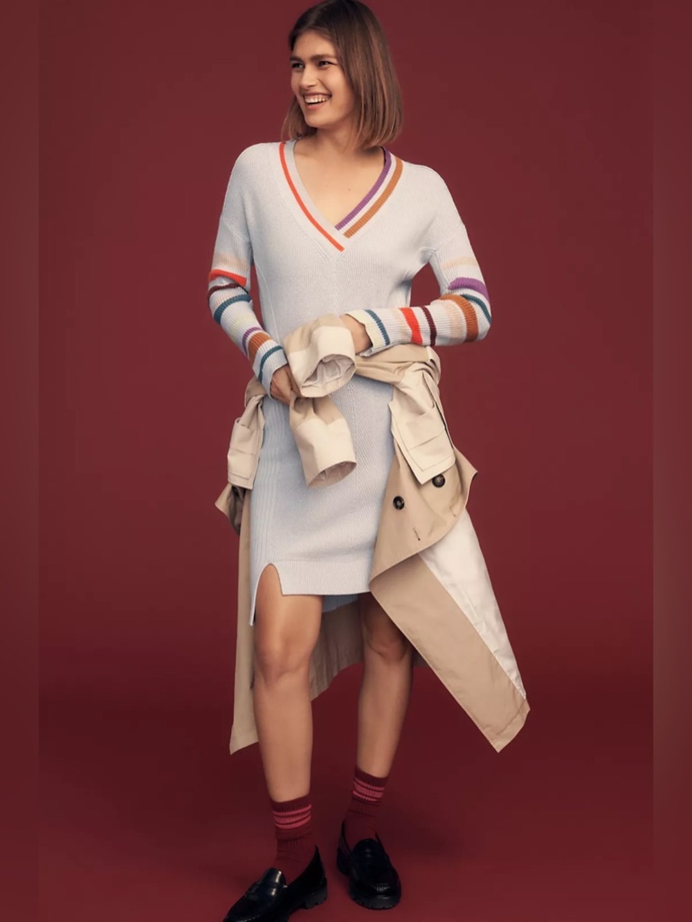 Anthropologie Daily Practice XL Gray Sweater Dress Stripe Sleeve Knit Soft - Picture 3 of 6